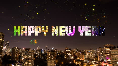 Animation-of-happy-new-year-text-and-confetti-over-cityscape-on-black-background