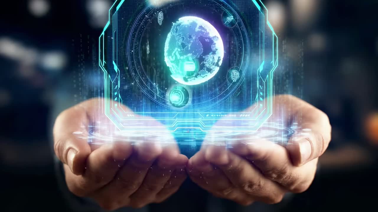 Concepto de video futurista con un holograma de globo terráqueo en las manos, capturado en primer plano