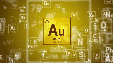 Gold (Au) periodic table chemical element icon on yellow animated looped background with flying particles.