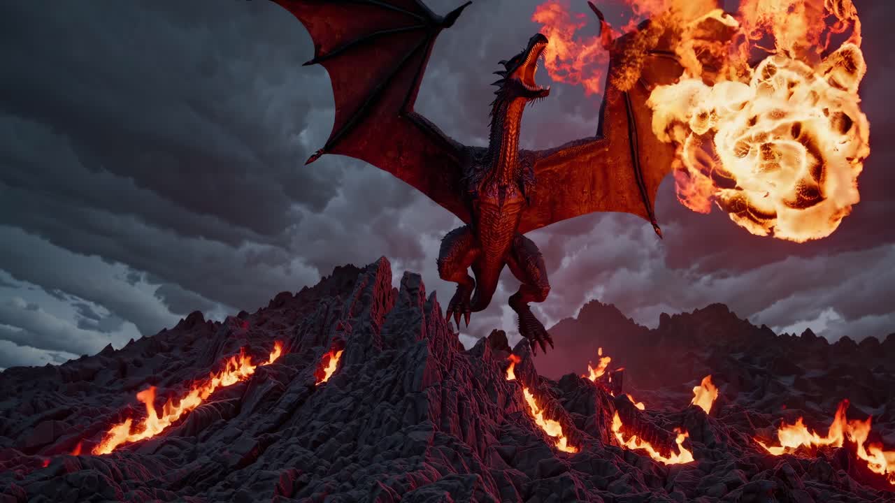 A dramatic low-angle shot of a fierce dragon atop a fiery mountain, set against a stormy sky