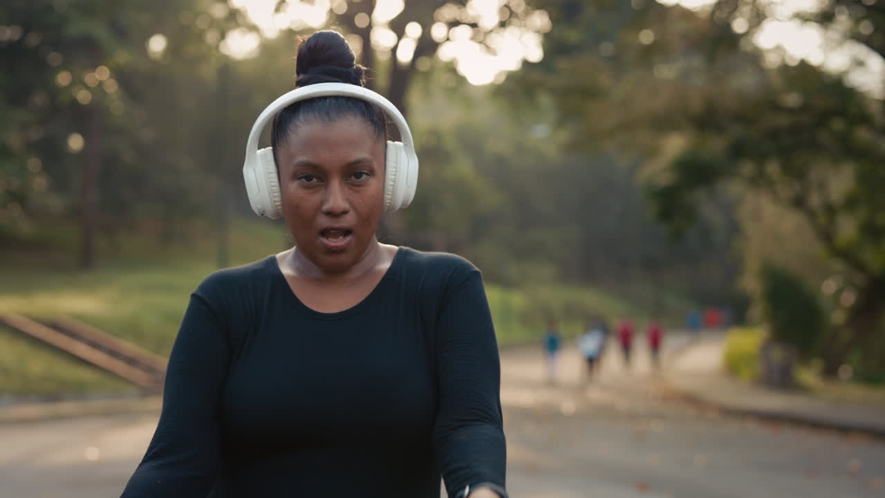 Žena poslouchá hudbu v parku