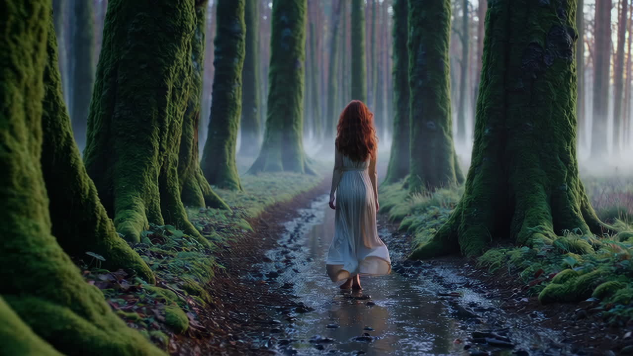 Woman Walking Through a Mystical Forest