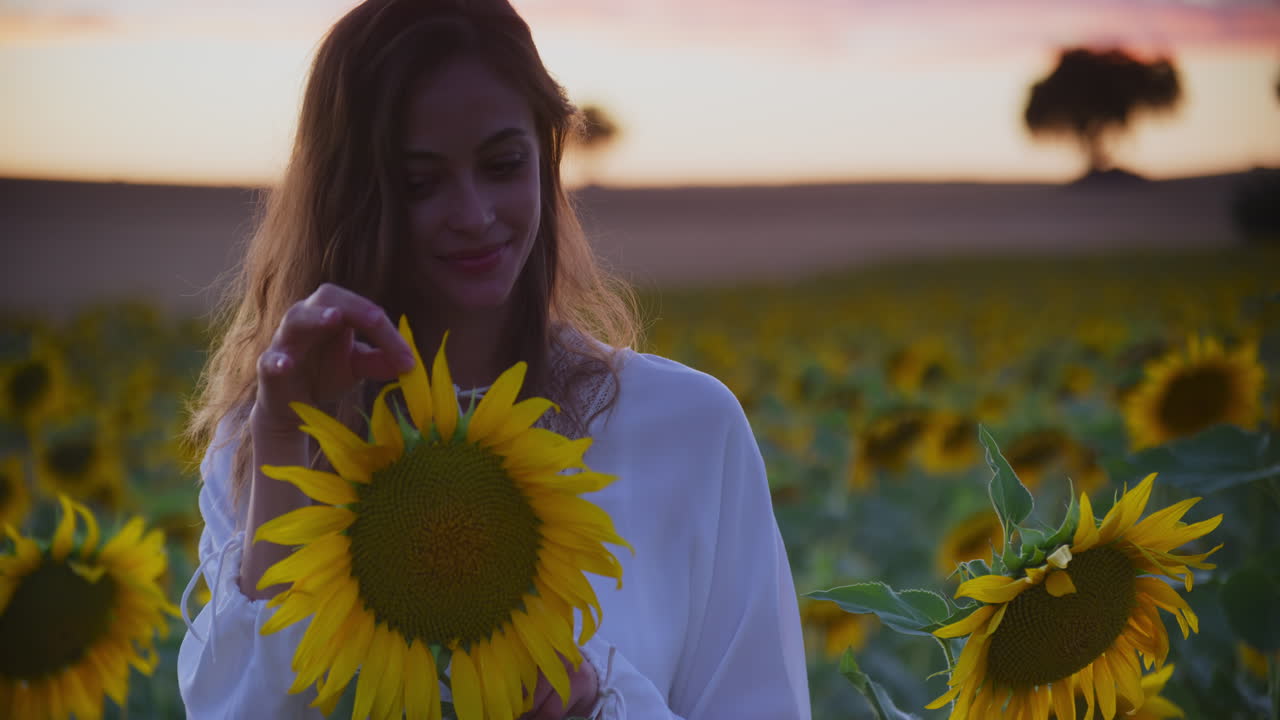 молодая симпатичная девушка-модель игриво отрывает яркие лепестки подсолнуха, копия пространства