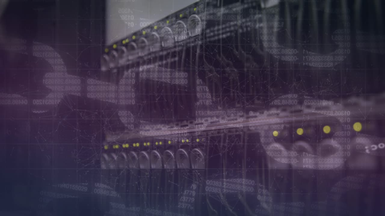 Animation of analysis text and blockchains with server room in background