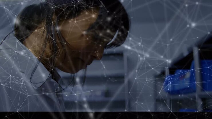 Animazione di una rete di connessioni su scienziati che lavorano in laboratorio