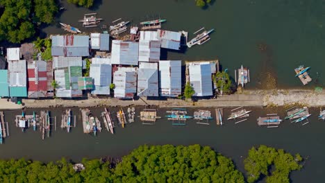 un drone aéreo disparado mirando directamente hacia abajo en los techos de estaño de las chozas de pesca y pequeños barcos de pesca de estilo kayak en un muelle de concreto