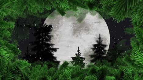 Animation-of-falling-snow-over-full-moon-and-santa's-sleigh-with-christmas-tree-border