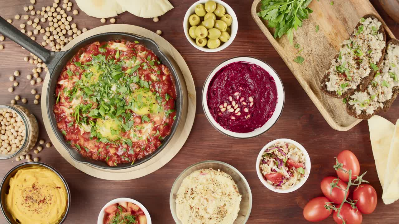 이스라엘 전통 요리: 파슬리로 장식된 에 샤크슈카, 테이블에 험무스, 포쉬마크, 국가 유대 음식,  뷰, 토마토 소스, 디프, 피타, 중동 문화에 긴 달