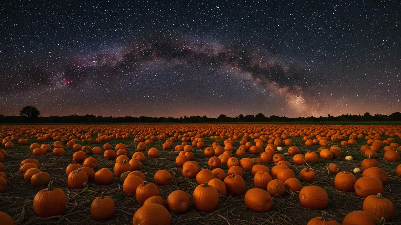 A Stunning Night Sky Over a Pumpkin Field: Stars and Milky Way Illuminate the Autumn Harvest with a Sea of Glowing Orange Pumpkins Beneath the Celestial Dome