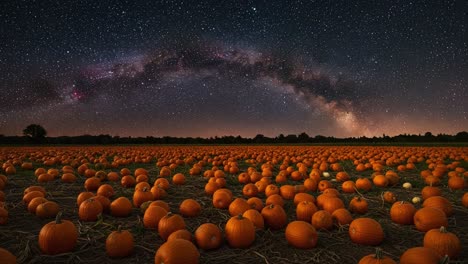 a stunning night sky over a pumpkin field: stars and milky way illuminate the autumn harvest with a sea of glowing orange pumpkins beneath the celestial dome