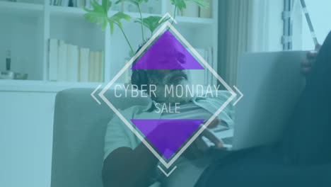 Animación-De-Texto-De-Oferta-De-Cyber-Monday-Sobre-Un-Hombre-Que-Usa-Una-Computadora-Portátil-En-Un-Sofá