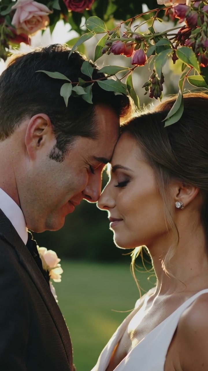 Leaning bride and groom pressing foreheads under floral arch on lawn, gown, suit, boutonniere