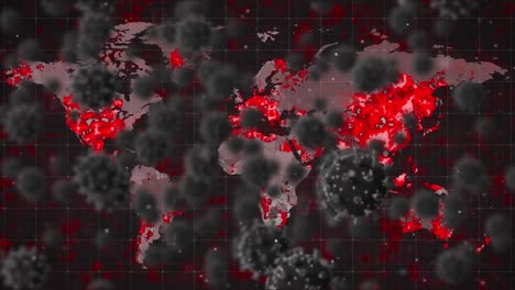 Animación-De-Células-Virales-Girando-Sobre-Un-Mapa-Mundial-En-Llamas