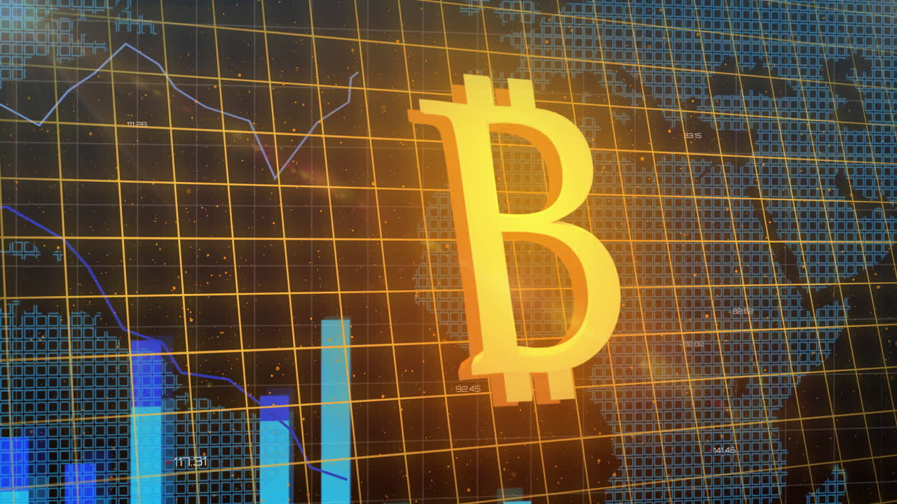 animación del signo de bitcoin y procesamiento de datos financieros sobre el mapa del mundo en fondo negro