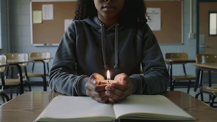 Studente che protegge con le mani un lumino acceso sopra un libro aperto alla scrivania, indossa una felpa con cappuccio, la telecamera si allontana