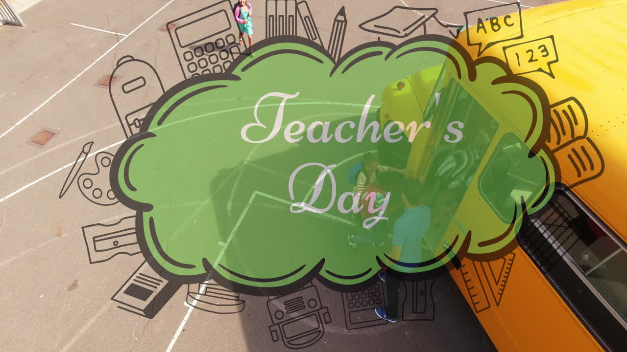 Animação de texto feliz dia dos professores sobre crianças escolares diversas correndo e um ônibus escolar
