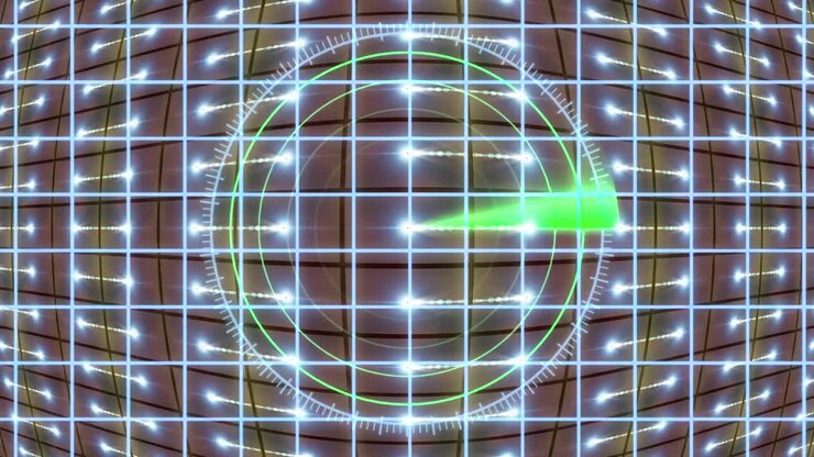 HUD panel with a radar grid and a moving background. Motion graphics