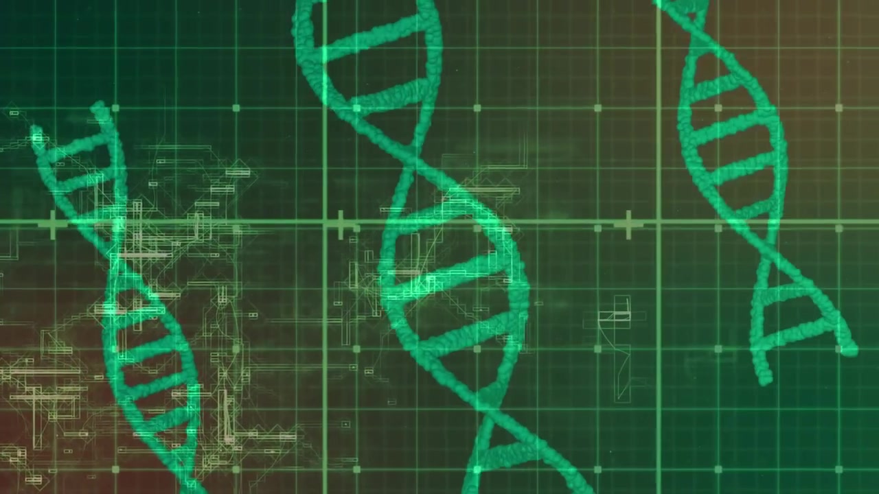 Digital DNA Helix Animation on Green Grid Background