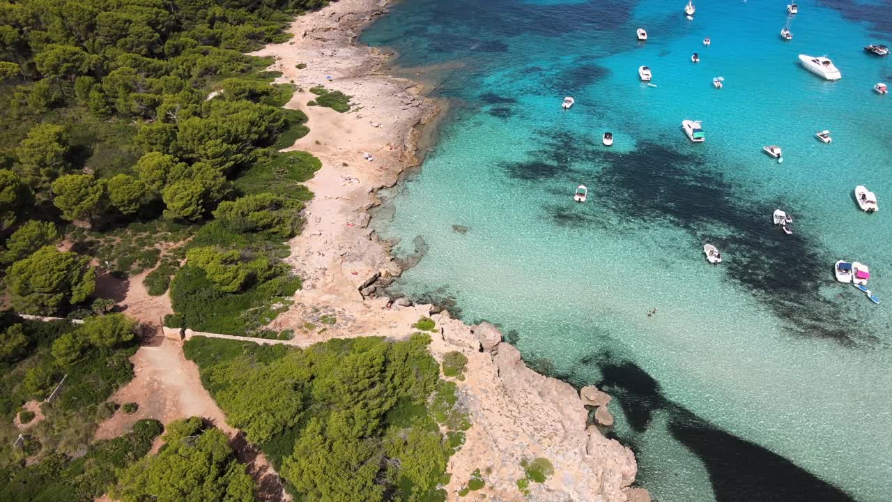 Cala Agulla showcases clear turquoise waters and lush greenery. Boats dot the landscape while sunbathers enjoy the serene beach. Experience a perfect summer day in Mallorca’s stunning nature.