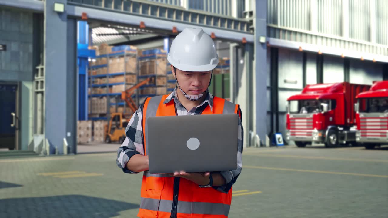Asian Male Engineer With Safety Helmet Working On A Laptop While Standing , Outside of Logistics Distributions Warehouse