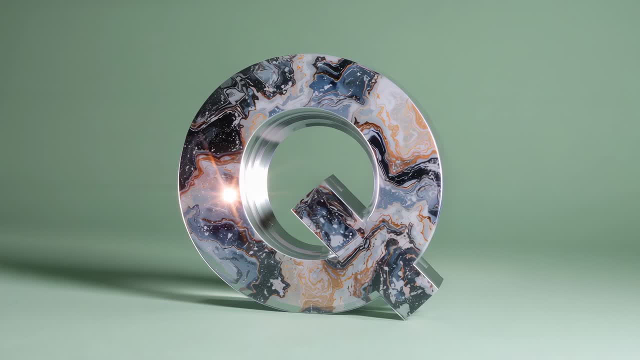 Spinning clockwise 3D letter Q in green studio, revealing marble swirls following moving light