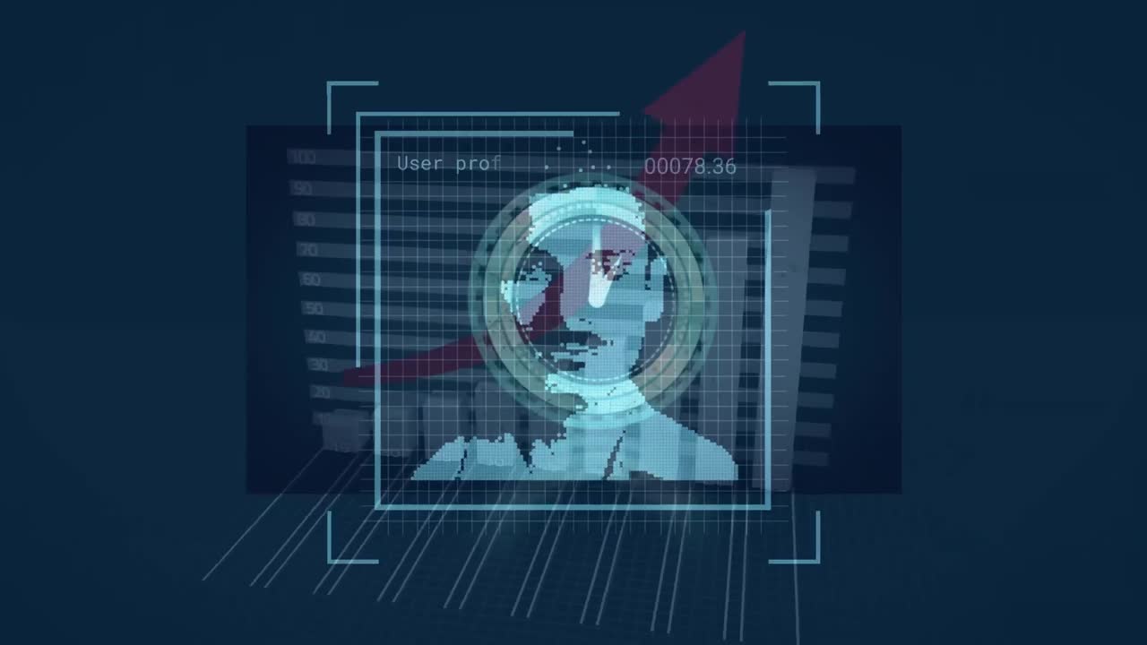 animación del procesamiento de datos con diversas personas iconos sobre el reloj y gráfico en fondo negro