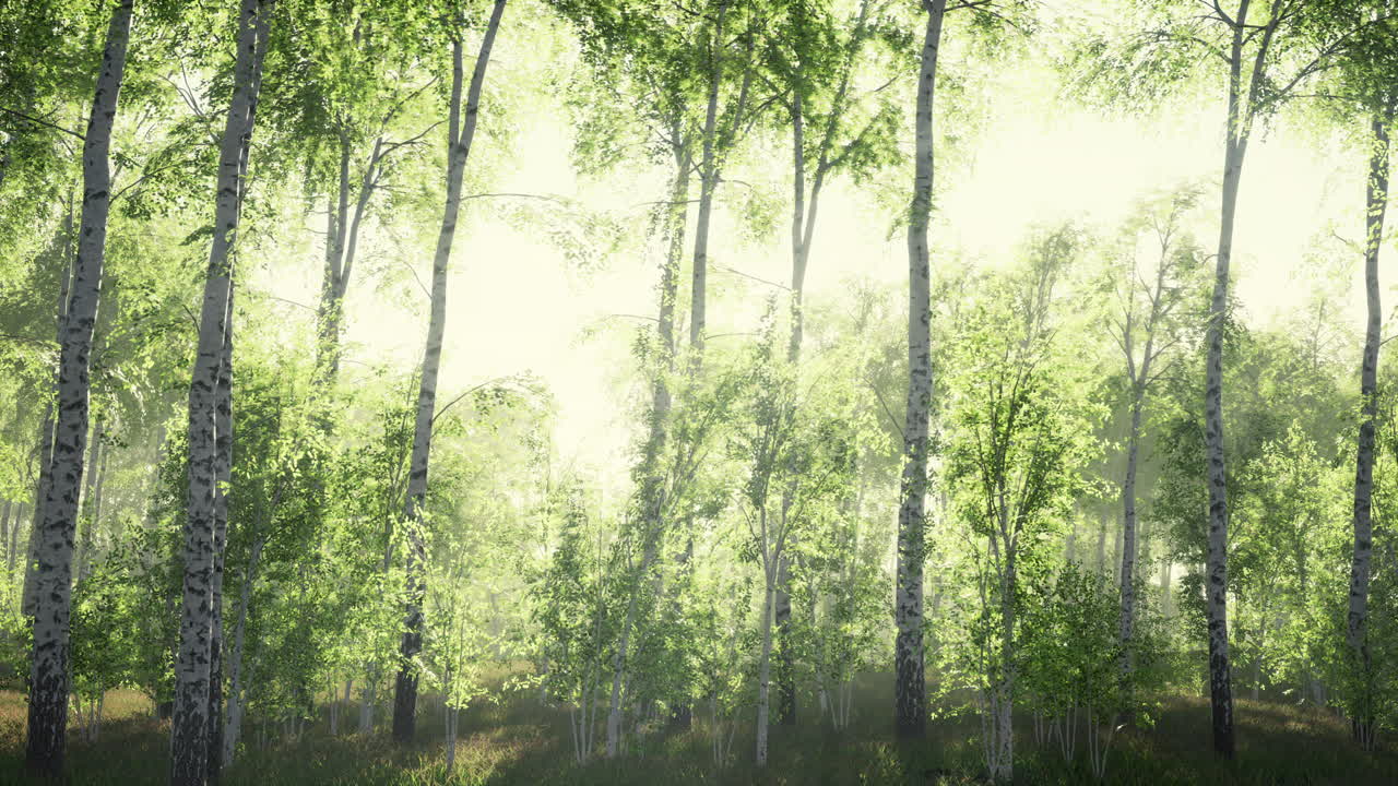 Birches with green leaves sway in the strong wind