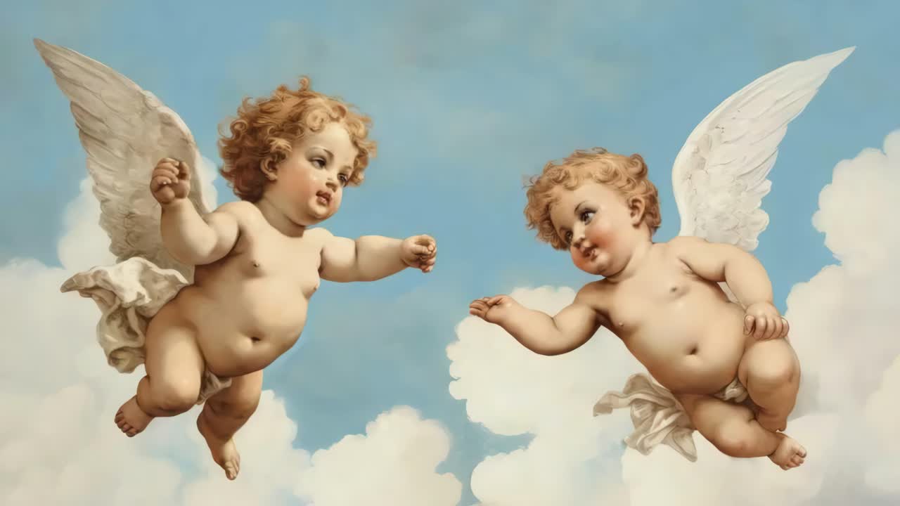 Two cherubs with wings float in a cloudy sky, captured from a low-angle view, evoking a classical