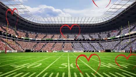 animación de corazones cayendo sobre el estadio deportivo