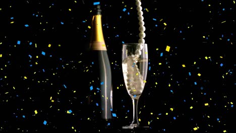 Animation-of-confetti-over-necklace-falling-into-glass-with-champagne-on-black-background