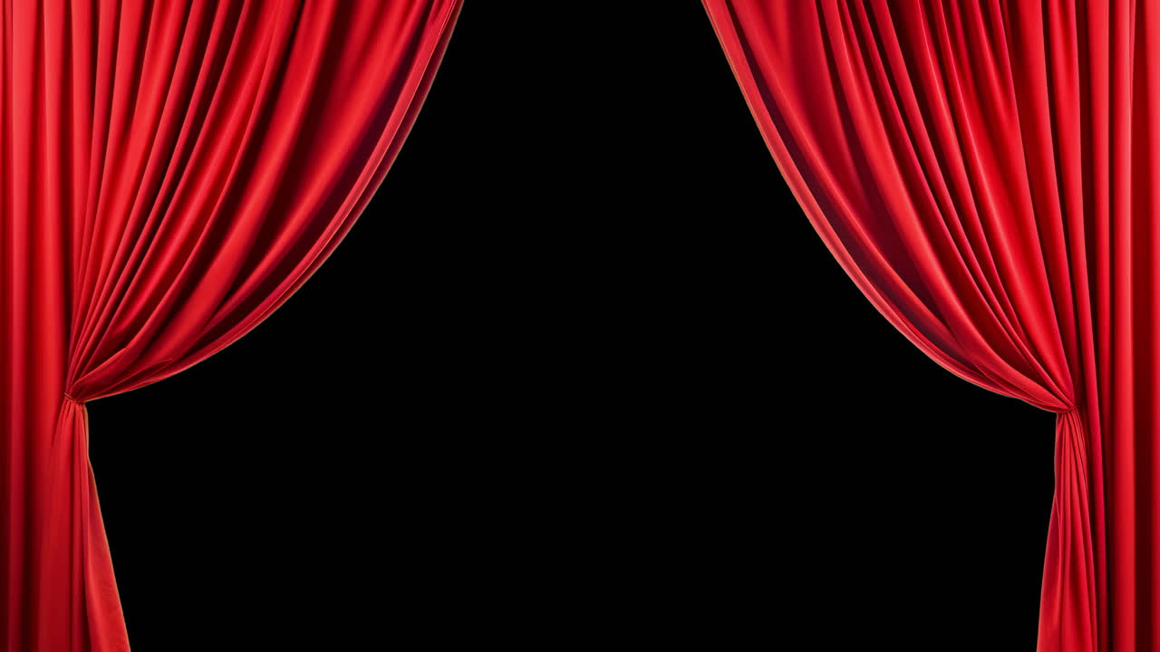Mockup animato di una tenda da teatro rossa in sovrapposizione, video 4K trasparente, canale alfa, ProRes 4444