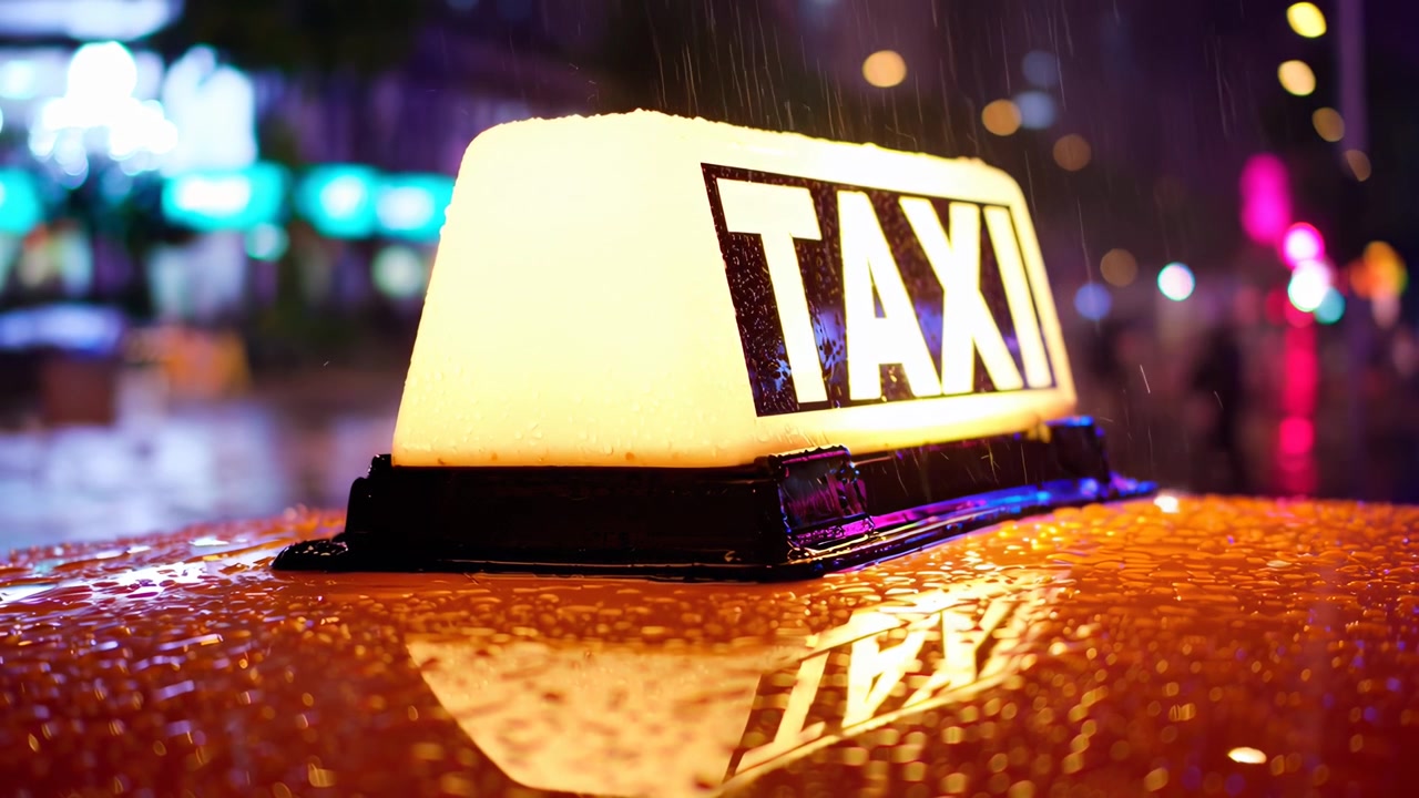 Regn falder på et oplyst taxiskilt om natten