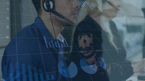 animación de gráficos, cambios de números en diversos representantes de clientes que hablan con los clientes