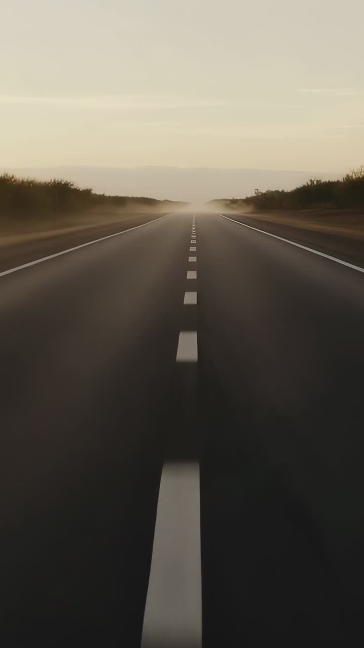 Vertical video: Moving camera showing two lane road in scrub, dashed line fading into dusk haze