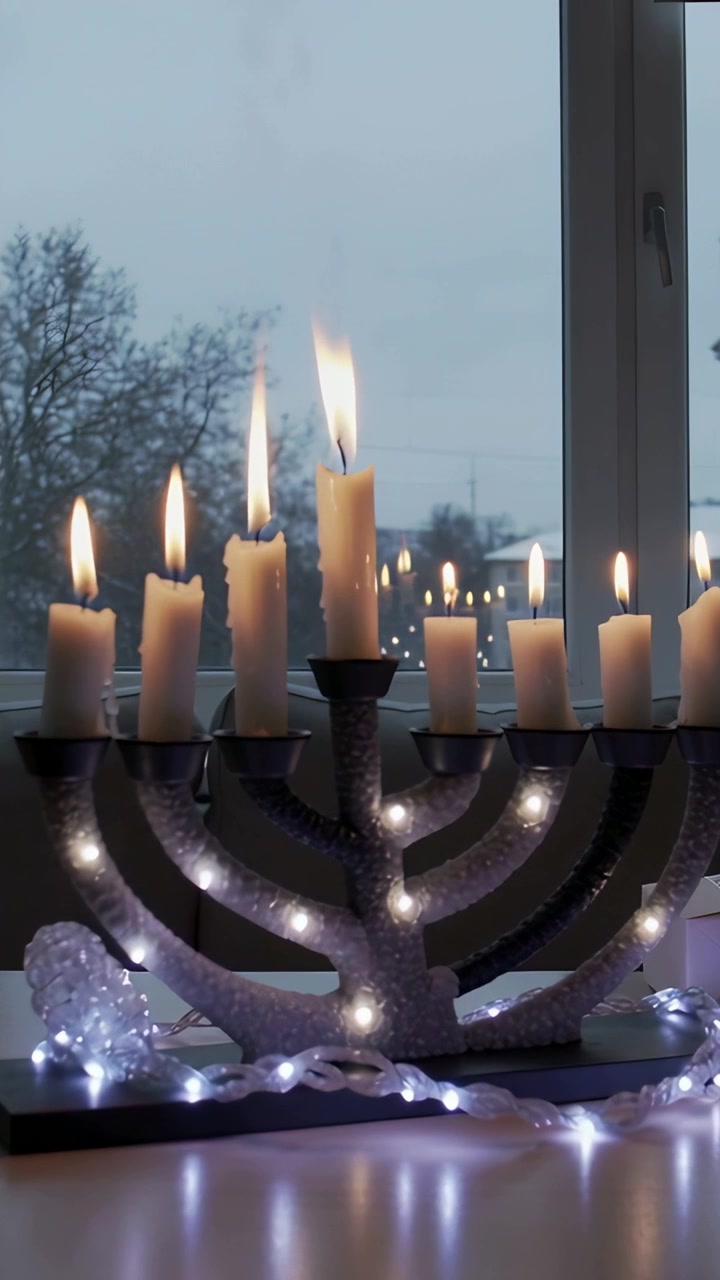 Video vertical: Cámara acercándose a una menorá de nueve brazos con velas encendidas y luces LED brillando en la ventana
