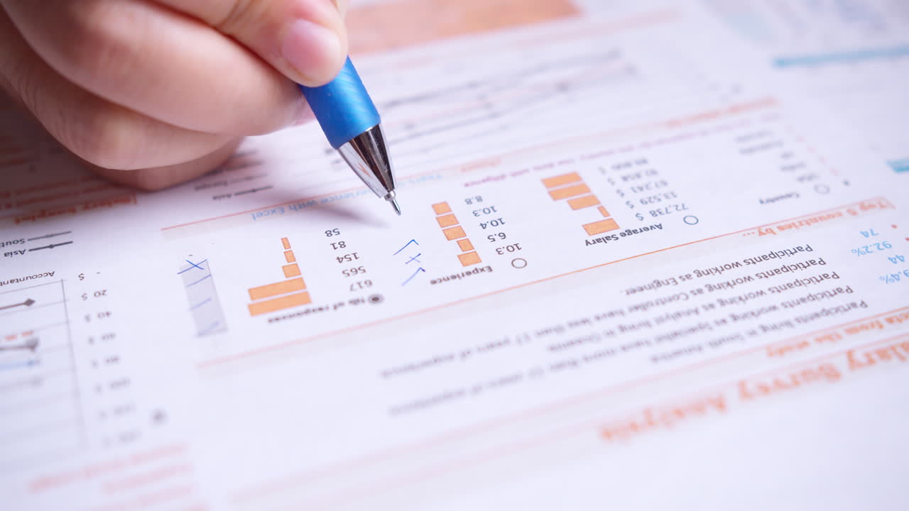 Close-up of businesswoman's hands with pen working at office desk and analyzing graphs and charts, profit report checking