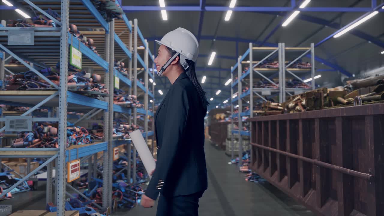 Vista laterale di una donna d'affari asiatica che tiene in mano una planimetria mentre cammina e si guarda intorno presso un magazzino industriale di rottami metallici e riciclaggio.