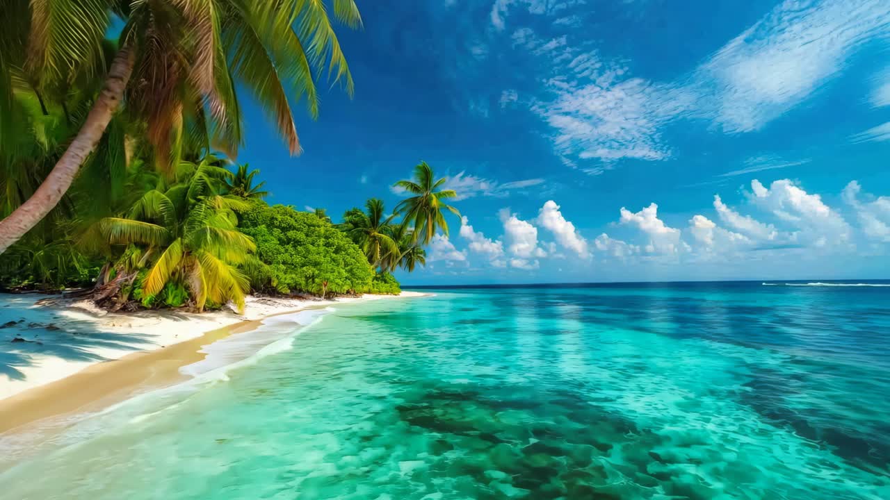 Uma praia tropical com palmeiras na orla