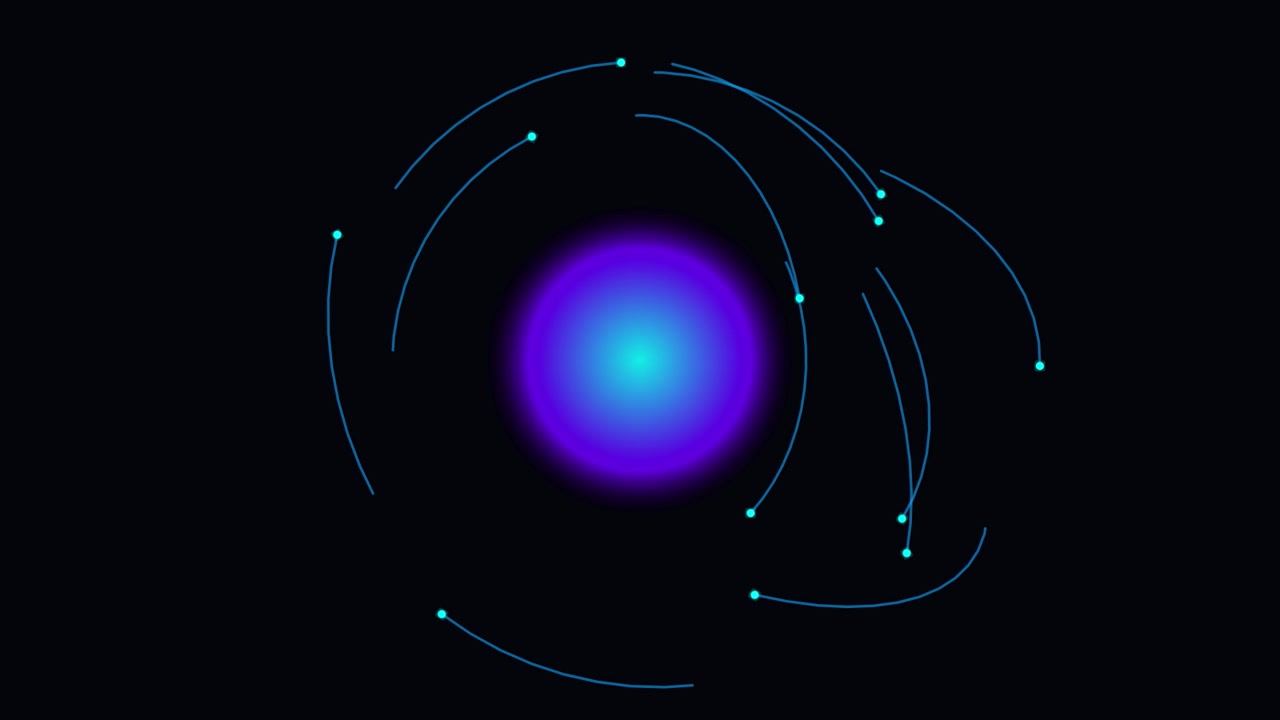 Abstract Animation of Glowing Particles Orbiting a Central Sphere