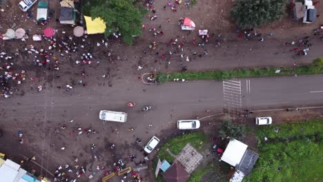 overhead drone shot of busy and crowded streets of india