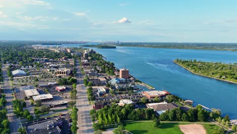 aerial view of downtown wyandotte on detroit river with restaurants and shops