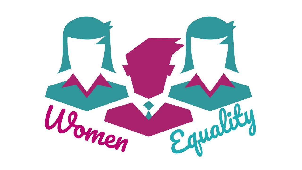 Animation of business people icons over women equality text