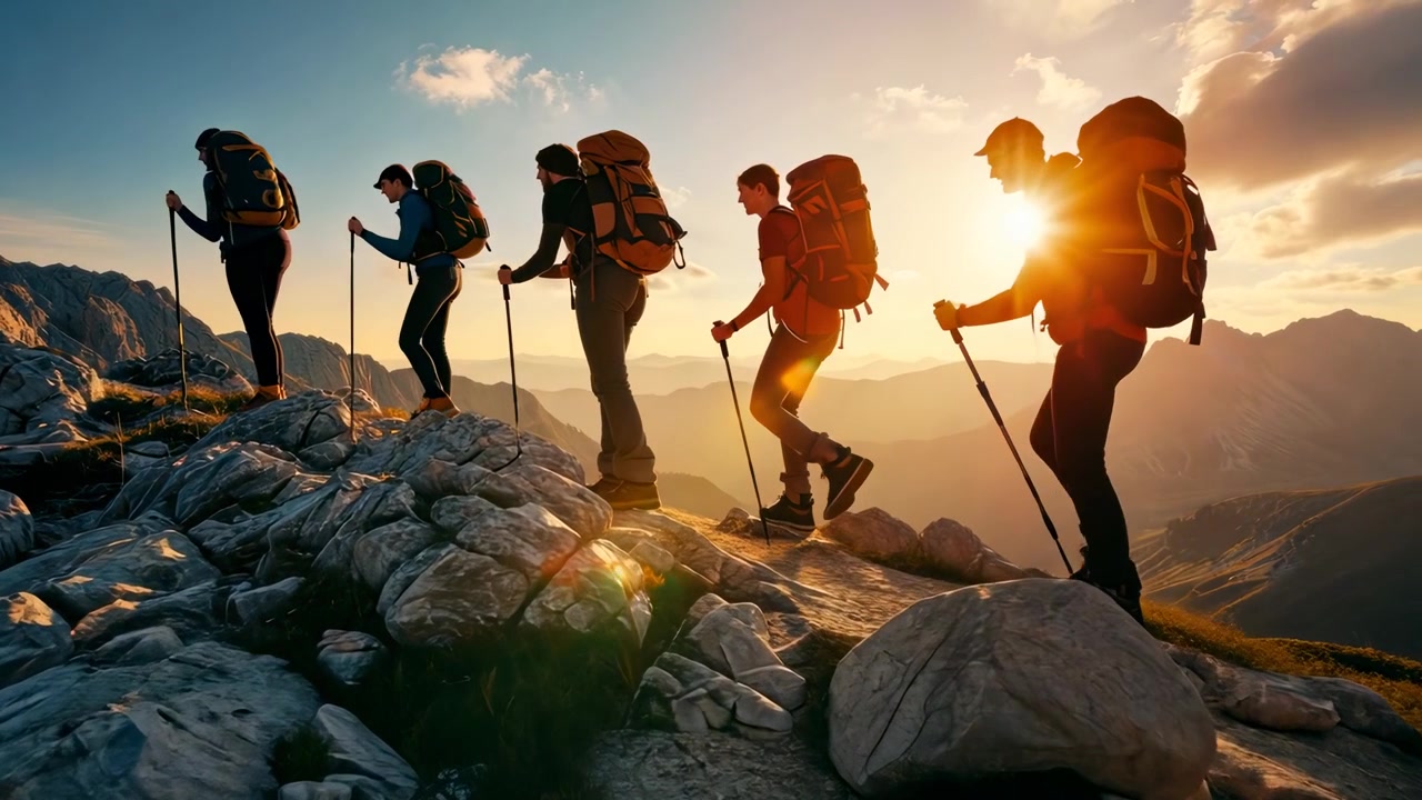 Gruppo di escursionisti che fanno trekking su una cresta di montagna al tramonto