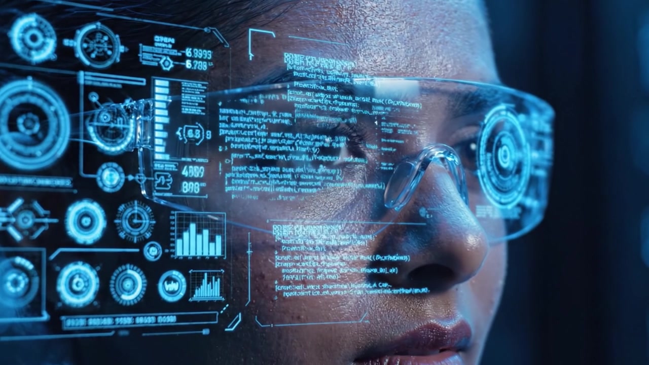 Focused Vision: A Close-Up of a Scientist Wearing Futuristic Augmented Reality Glasses in a High-Tech Environment, Highlighting Innovation and Precision in Modern Research