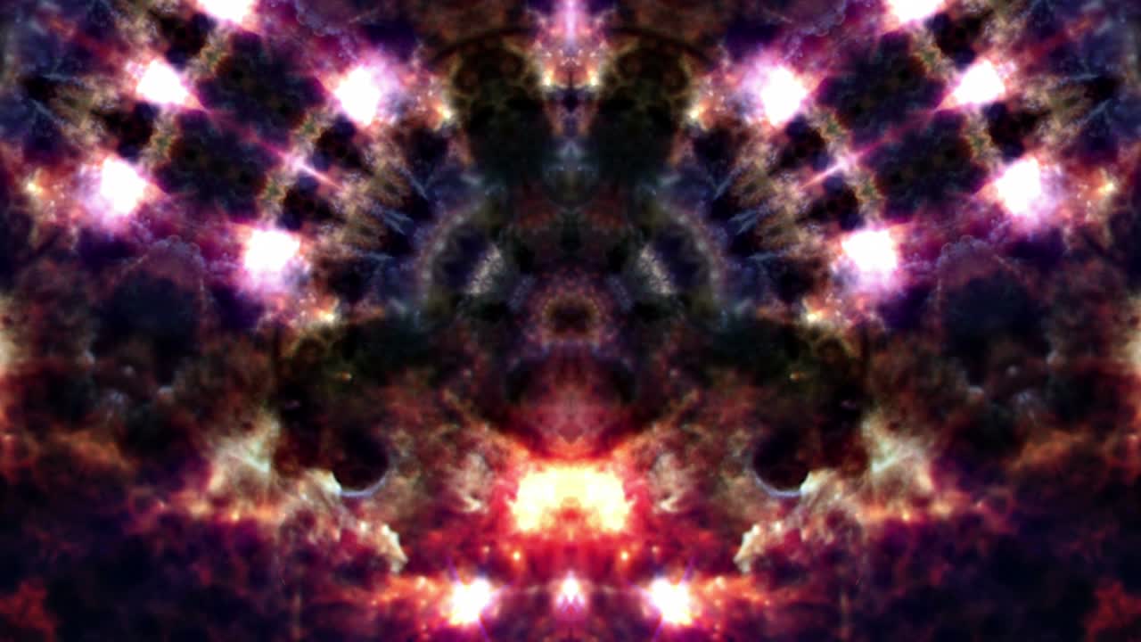 Astratto bagliore arancione. Motivi Mandala Caleidoscopici Rotanti. Sfondo Astratto di Grafica in Movimento con Design Geometrico, Loop Senza Soluzione di Continuità 4K. Bellissimo Ornamento Luminoso. Animazione Luci Disco VJ loop.
