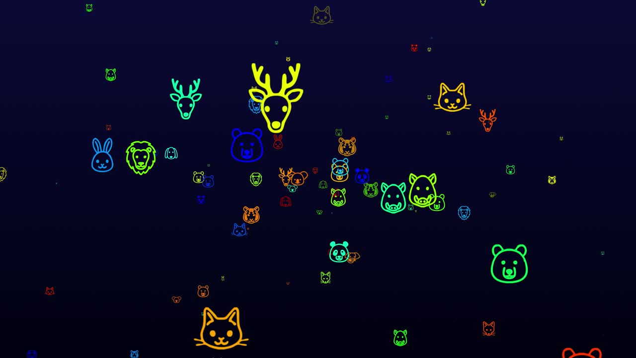 World Animal Day. neon icons background. seamless pattern. loop animation. small, multicolored icons, illustrations or logos appear, fly slowly on black backdrop