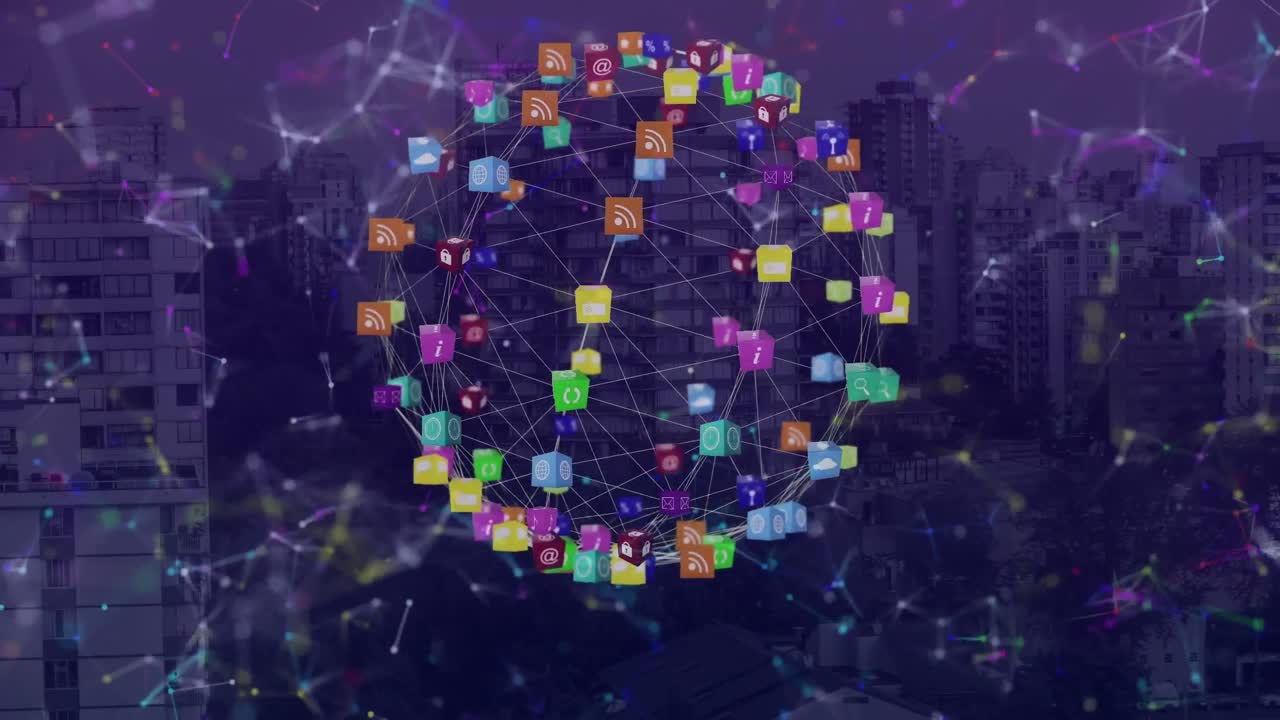 animación de la red de conexiones con iconos sobre el paisaje urbano