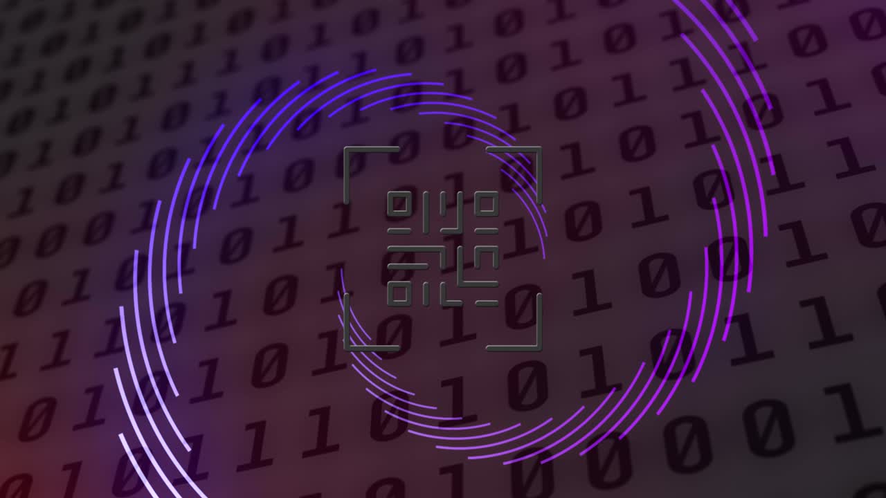 animación de código qr y formas púrpuras giratorias sobre codificación binaria