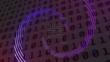 Animation of qr code and spinning purple shapes over binary coding