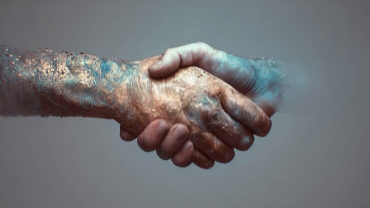 Duas mãos distintas se unindo em um aperto de mão firme, simbolizando um acordo poderoso, parceria e a fusão de diferentes elementos, contra um plano de fundo cinza simples e clean